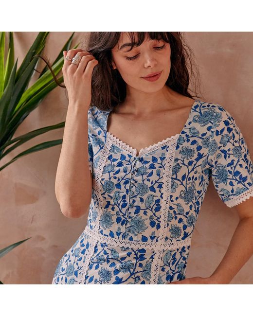 LAtelier London Blue Serafina Floral Cotton Midi Dress With Side Splits