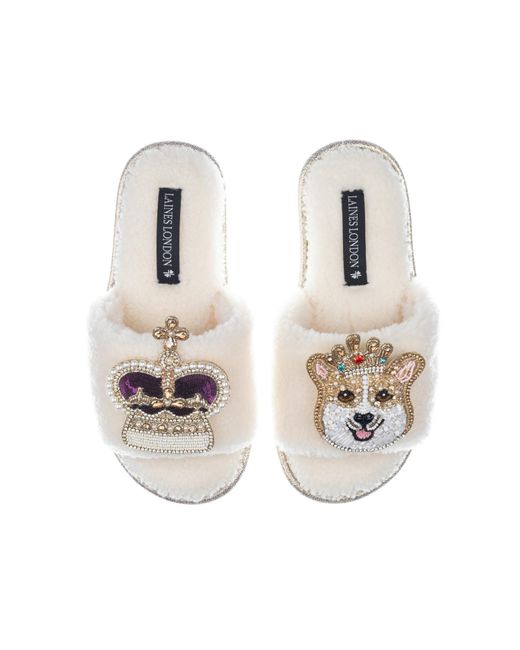 Laines London Metallic Teddy Towelling Slipper Sliders With Corgi & Crown Brooches
