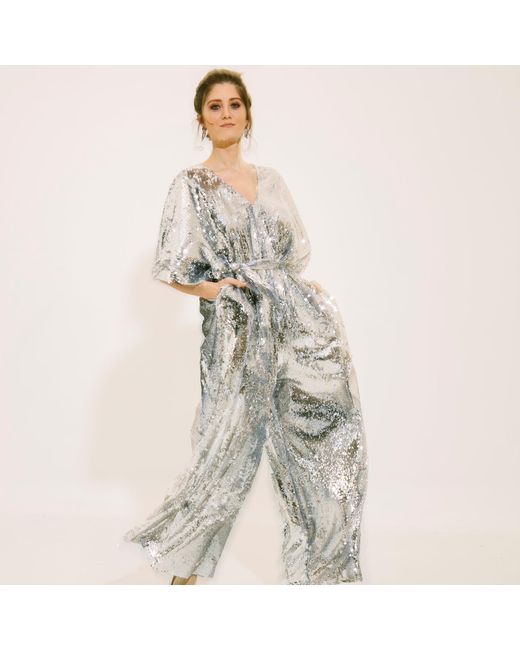 NALÈ Gray Sequin Palazzo Jumpsuit With Satin Lining & Detachable Belt