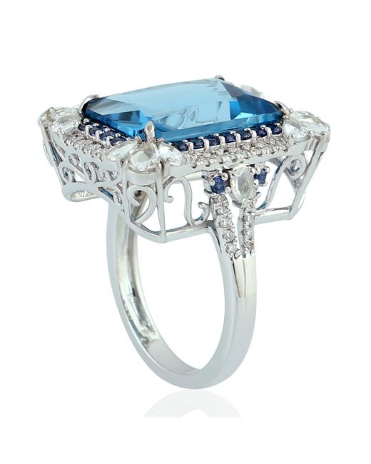 Artisan 18k White Gold Blue Sapphire Topaz Diamond Cocktail Ring Handmade Jewelry