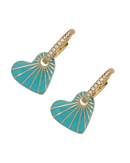 Ebru Jewelry Green Enamel Heart Diamond Hoop Earrings
