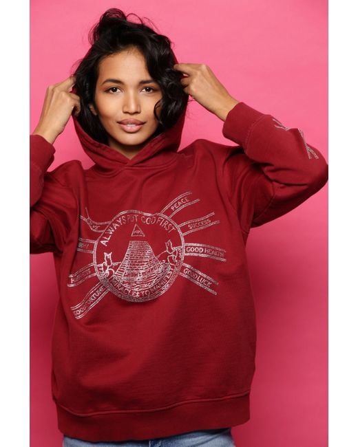 Miracles Manifester Red God First Affirmation Hoodie With Rhinestone Design