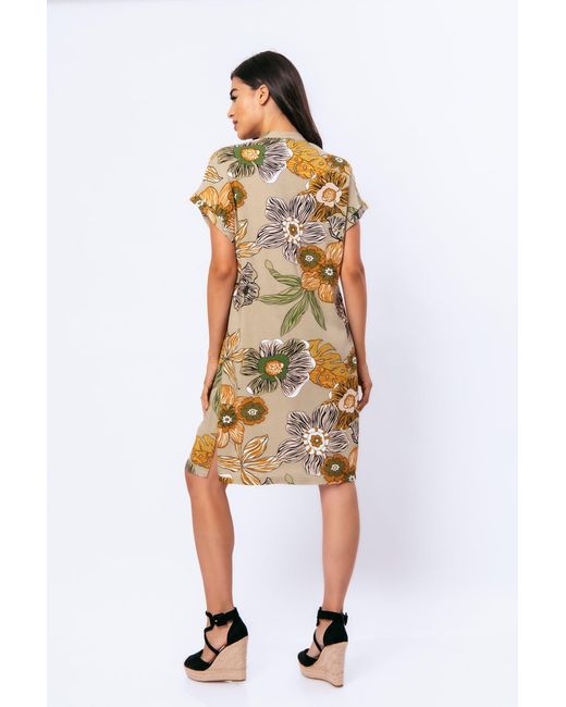 Conquista Metallic Linen Style Bold Floral Print Dress With Mandarin Collar