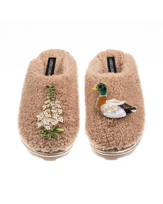 Laines London Natural Neutrals Teddy Closed Toe Slippers With Duck & Foxglove Brooches