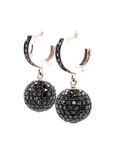Artisan Multicolor Black Diamond In Solid 18k White Gold Bead Ball huggies Earrings