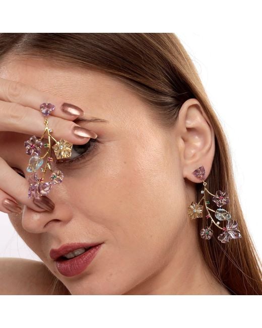 Artisan Pink 18K Multi Gemstone Carved Floral Drop Earrings