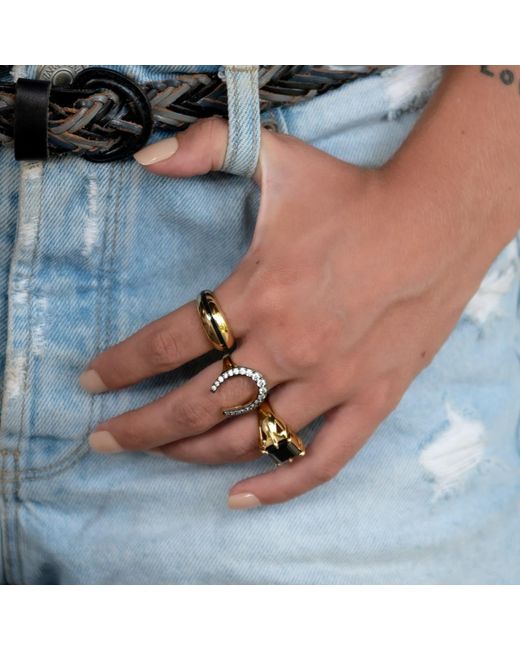 Scream Pretty Metallic & Black Horseshoe Ring With Clear Stones