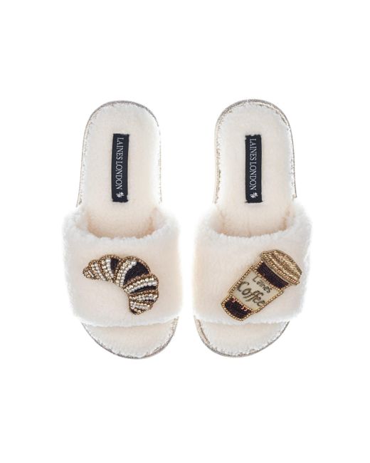 Laines London Metallic Teddy Towelling Slipper Sliders With Coffee & Croissant Brooches