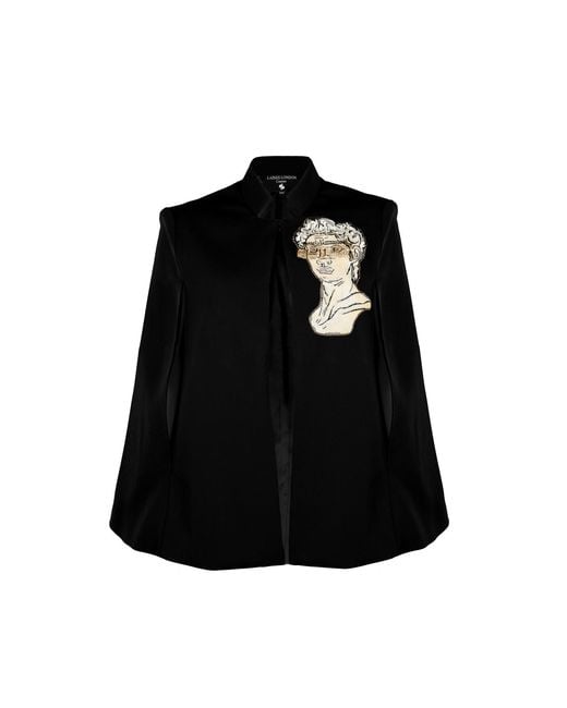 House of Laines London Black Laines Couture Tailored Cape With Embellished Greek God