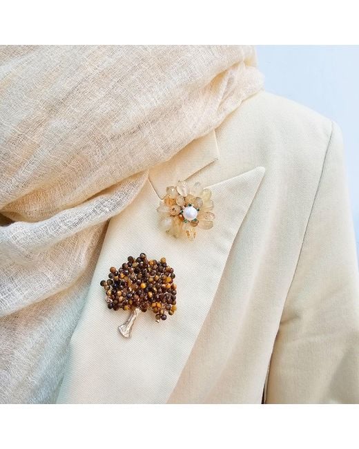 Farra Metallic Handcrafted Tree Shape Tiger-Eye Stone Brooch
