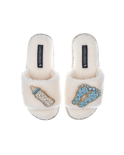 Laines London White Teddy Towelling Slipper Sliders With New Baby Boy Brooches