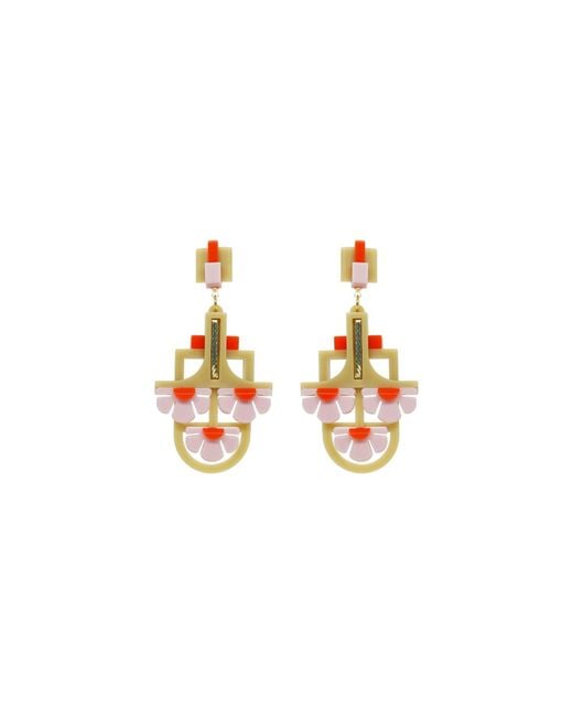 Gissa Bicalho Metallic Handmade Acrylic Earring Pendant 3 Flowers Kahki / Pink