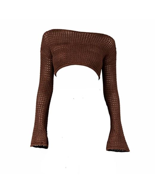 Belletage Swimwear Brown The Off-Weekend Crochet Off The Shoulder Bell Sleeve Crop Top