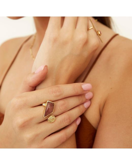 Spero London Metallic Natural Real Double Circle Turmaline Sterling Plated Ring