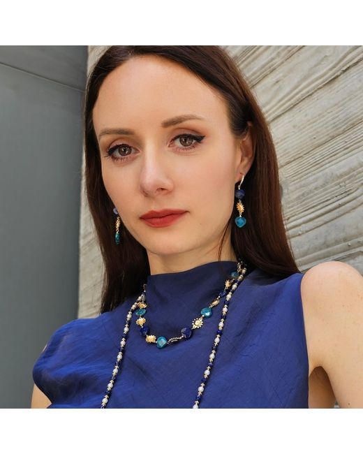 Farra Blue Heart-Shaped Lapis And Apatite Flower Dangle Earrings