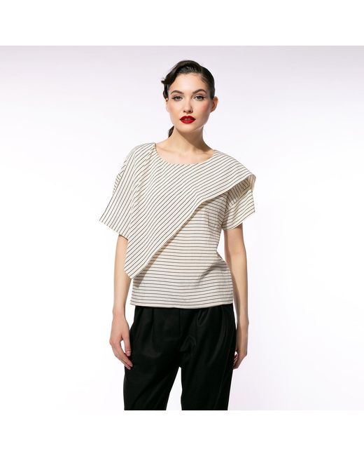 Larisa Dragna Natural Neutrals Echo Stripe Blouse With Draped Scarf