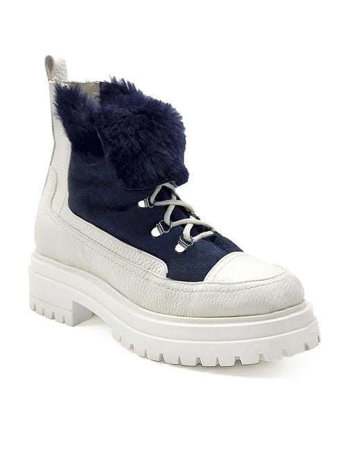 Beautiisoles by Robyn Shreiber Made in Italy Blue Francy Leather & Faux Fur Comfortable Hiking Ankle Bootie