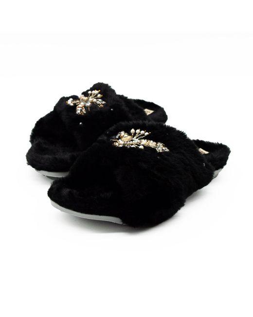 Rettrose Black Anastasia Luxury Plush Diamanté Embellished Handmade Slipper