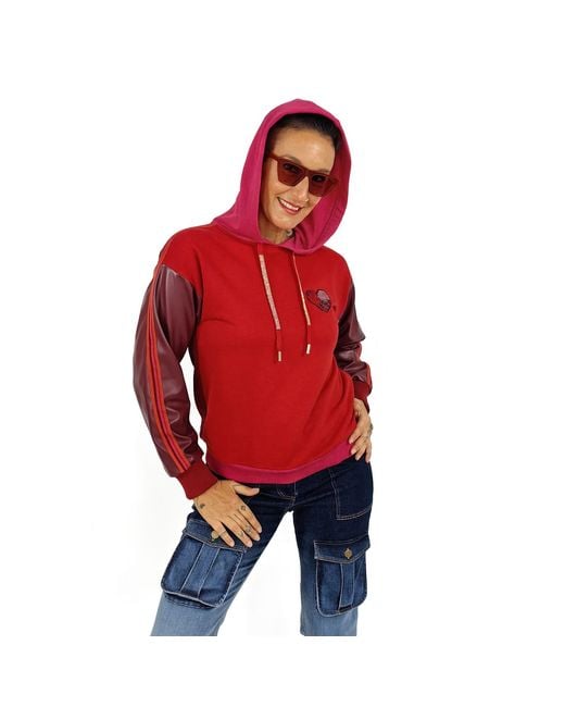 Lalipop Design Red Color Block Hoodie With Vegan Leather Sleeves