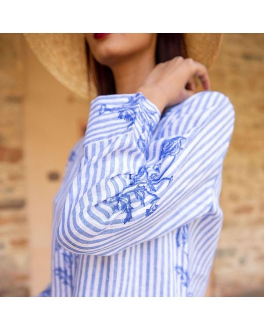 NoLoGo-chic Blue Tourist Hand Printed Stripe Linen Tunic Dress