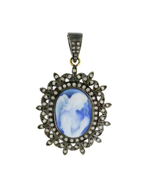 Artisan Blue Carved Shall Cameo & Diamond Angle Design Pendant In 18k Gold With Silver