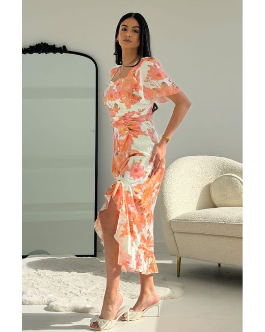 Girl In Mind Orange Heidi Floral Print Ruched Midi Dress