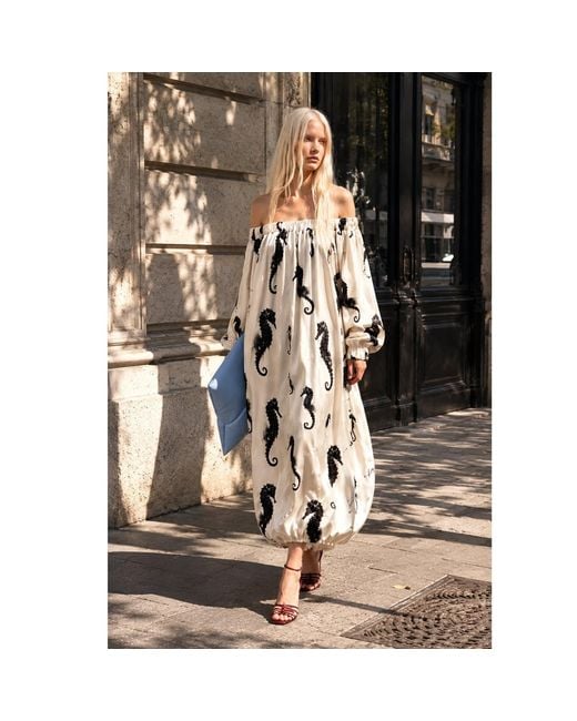 Julia Allert Natural Neutrals Ivory Off-Shoulder Seahorse Loose-Fit Dress – Capsule Edition