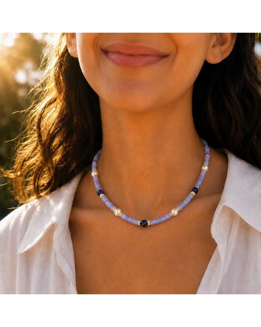 Ormiro Metallic Iris Agate, Lapis Lazuli & Pearl Necklace