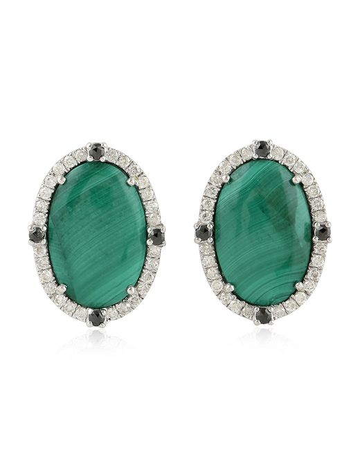 Artisan Green Malachite, Diamond & Diamond Halo Stud Earrings