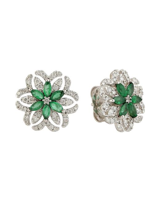 Artisan Green Solid White Gold Natural Diamond Emerald Stud Earrings Handmade Jewelry