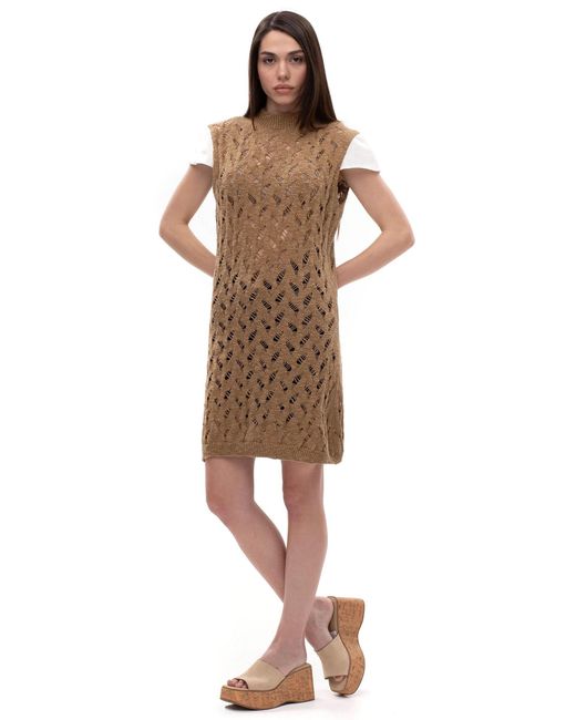 Maison Bogomil Brown Linen Shell – Knit Tunic Dress With Short Linen Sleeves