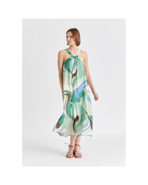 Paisie Green Retro Wave Halter Neck Midi Dress With Belt