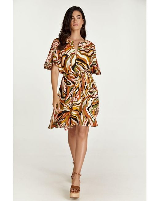 Conquista Brown Brick Colour Print Dress With Ruffle Sleeves