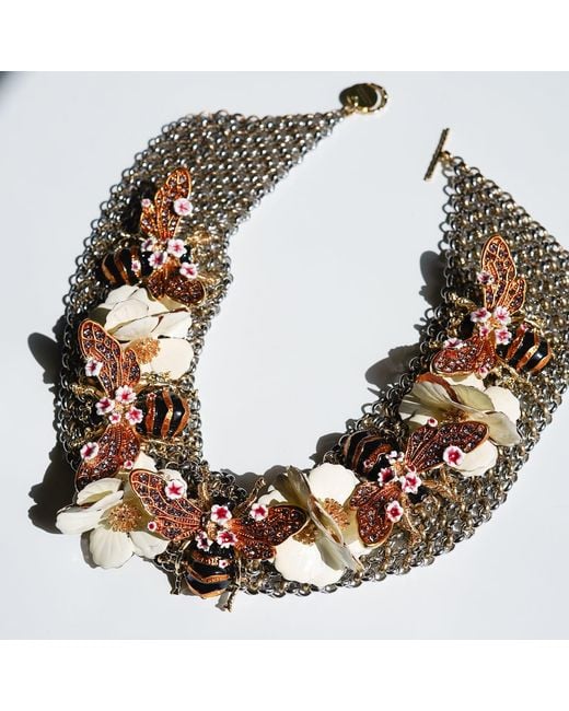 Edgar Navarro Jewelry Metallic Edgar Navarro Chainmail Necklace With Hand-Painted Brass Bees & Flowers