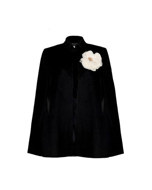 House of Laines London Black Neutrals Laines Couture Wool Blend Cape With Embellished Cream Corsage