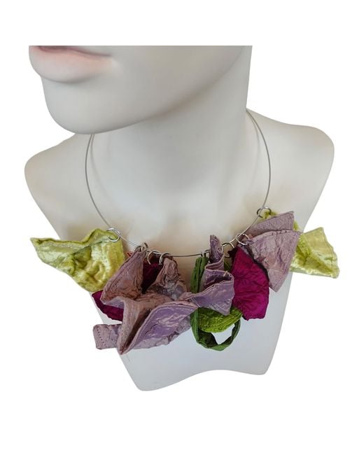 Romer Millinery Green Metallic Silk Abstract Floral Choker Burgandy