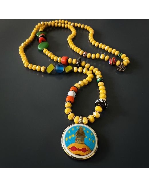 Ebru Jewelry Metallic Colorful Nepal Mantra Pendant Yellow Beaded Long Necklace