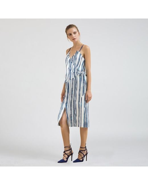 Smart and Joy Blue Stripe Print Wrap Effect Dress