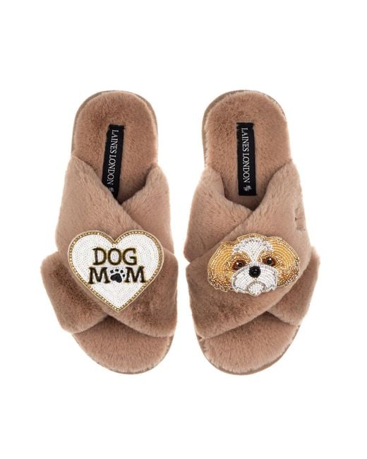 Laines London Brown Neutrals Classic Laines Slippers With Dog Mum Mom & & Shih Tzu Brooches