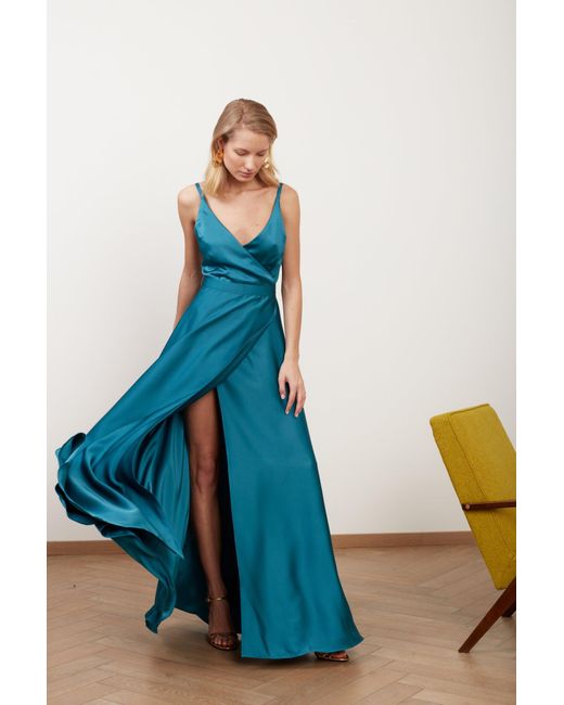 Undress Blue Freya Dark Satin Maxi Evening Dress