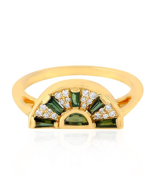 Artisan Metallic Green Tourmaline Natural Diamond 18k Yellow Gold Ring