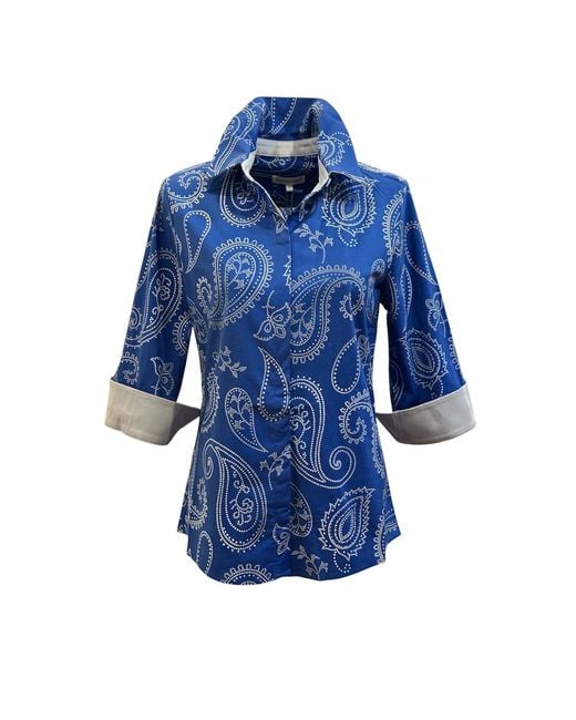 Perlavera Blue Nova Paisley Three Quarter Sleeve Length Slim Fit Shirt