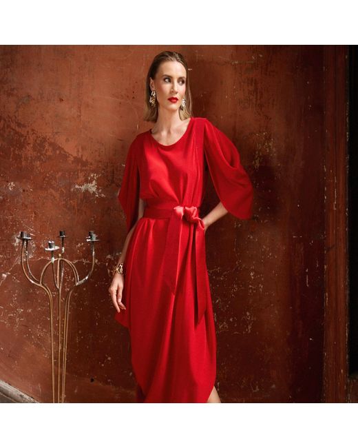 Monessa Joan Red Draped Dress With Detachable Sleeves
