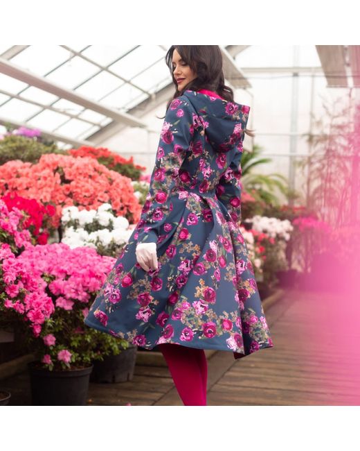 RainSisters Blue Fitted & Flared Women's Coat With Hood: Misty Rose