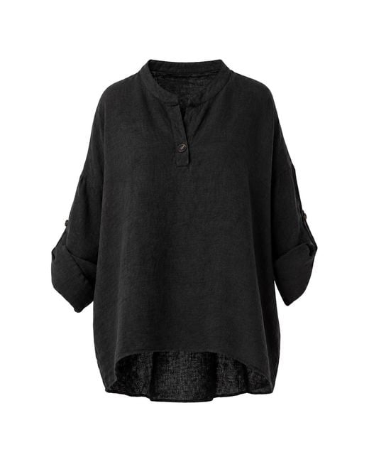 Jana Coshè Black Linen Oversized Shirt With Mandarin Collar And Horn Button