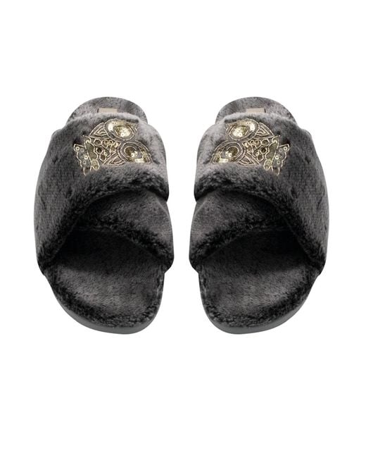 Rettrose Black Georgia Charcoal Luxury Plush Diamanté Embellished Handmade Slipper