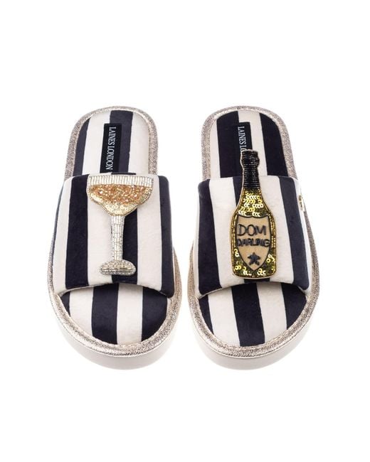 Laines London Black Flatform Stripe Open Toe Slippers With Dom Darling Brooches