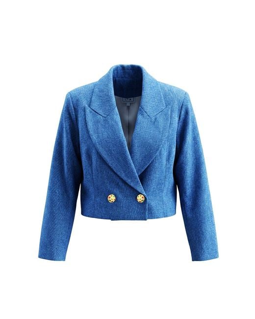 L2R THE LABEL Blue Denim Cropped Double Breasted Blazer