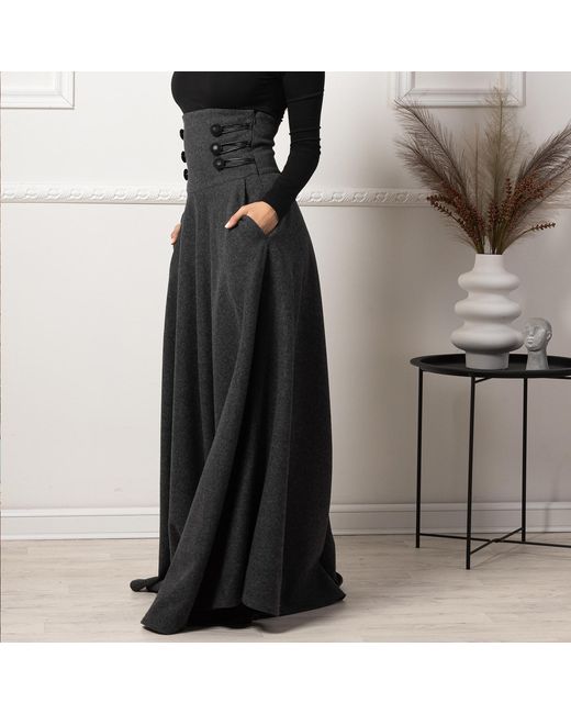 Nikka Place Black Ultra High Waist Wool Maxi Skirt With Pockets