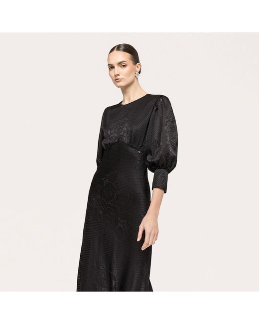 Nissa Black Puff-Sleeve Viscose Midi Dress